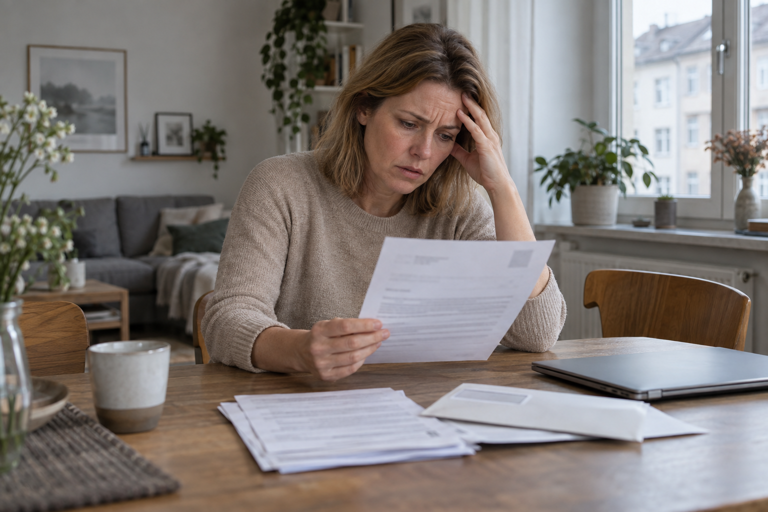 Lena liest zu Hause den Brief vom Finanzamt