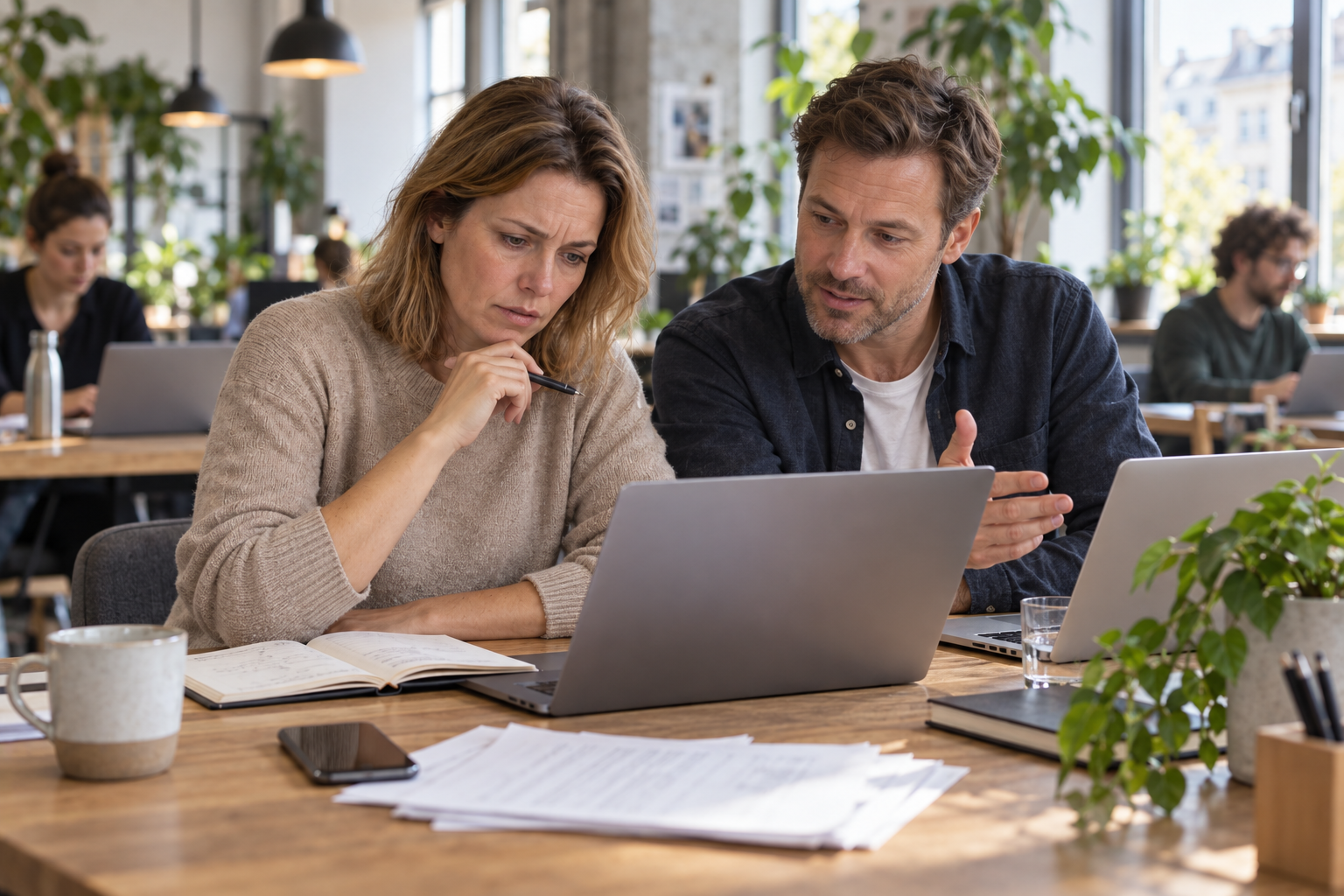Lena und Tobias beim Durchsehen ihrer Finanzen im Coworking-Space