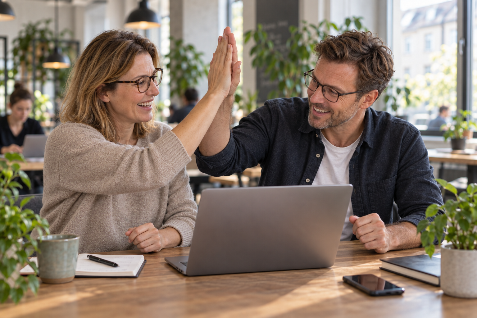 Lena und Tobias feiern im Coworking-Space